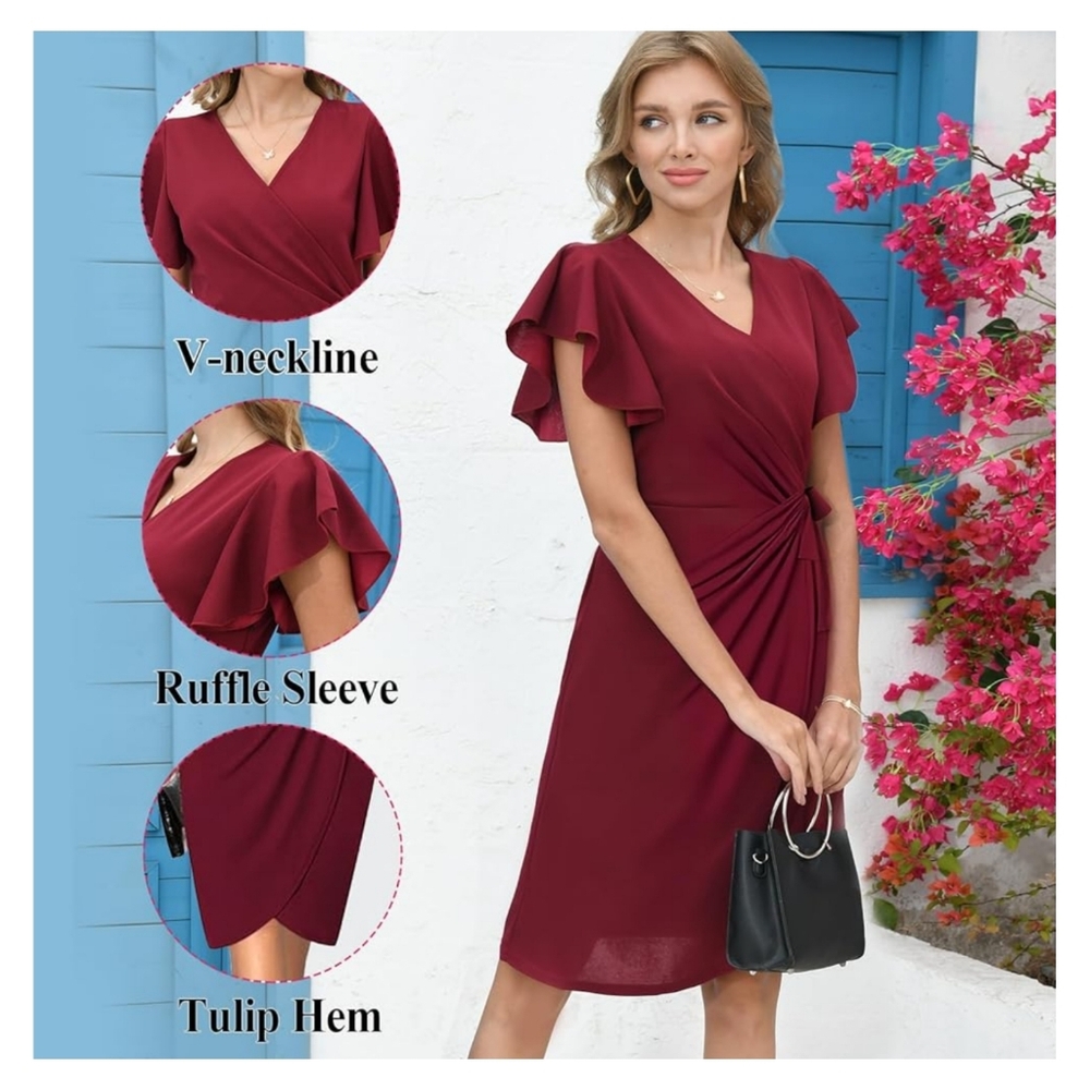 NWT G&Y Dark Green V Ruched Tie Waist Wrap Short Sleeve Cocktail Midi Dress XL - Picture 10 of 15